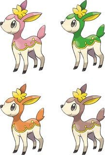 A comparison of all four seasonal forms of Deerling, arranged in a 2-by-2 grid; in left-to-right, top-to-bottom order, official artwork of the Spring form, the Summer form, the Autumn form, and the Winter form is displayed