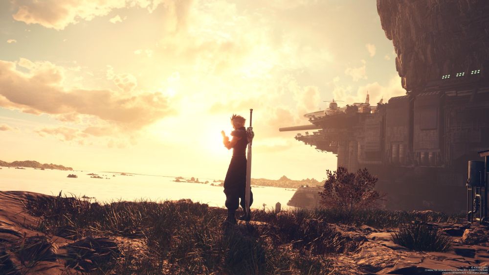 Final fantasy 7's Cloud watching the sunset with Junon at the background