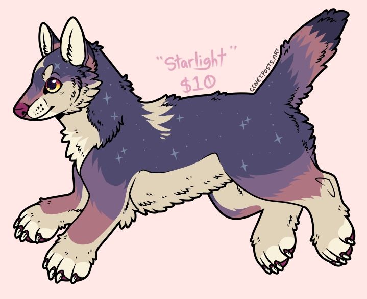 a purple and beige coyote adopt with a stars theme. its eyes are bright yellow.