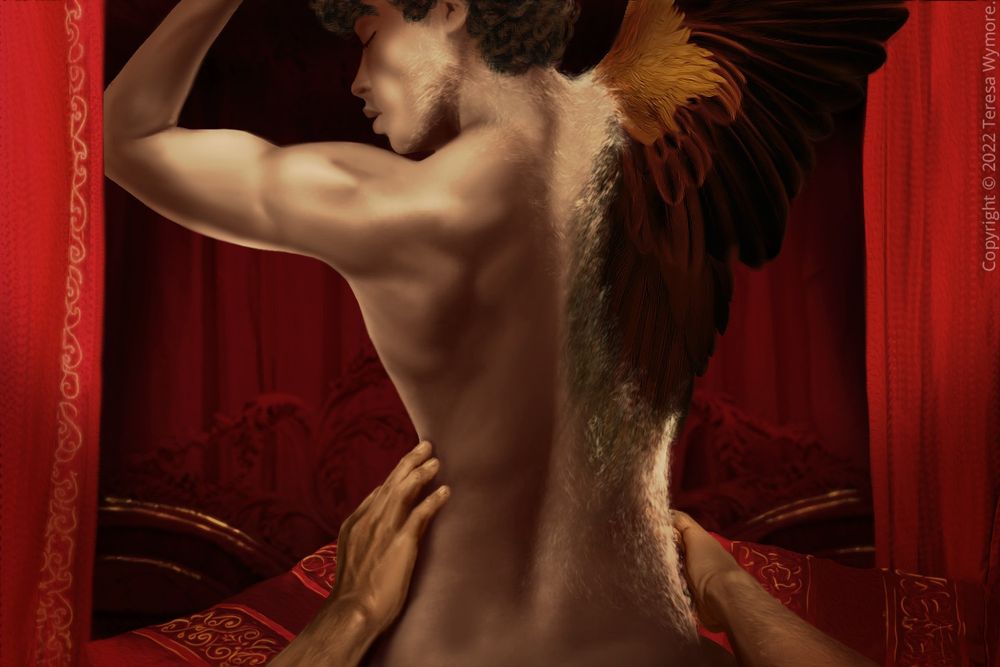 Darklaw Saga: Revelations of the Beastwalker cover image showing a woman of color transforming into a falcon while in bed, and we see masculine hands on her hips. Red drapery.
