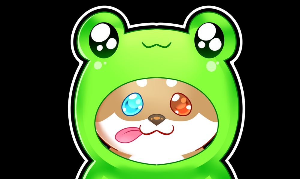 Sol our red and white husky in cardoon form with his tongue out he has one brown eye and one blue eye and is wearing a bright green frog costume!!