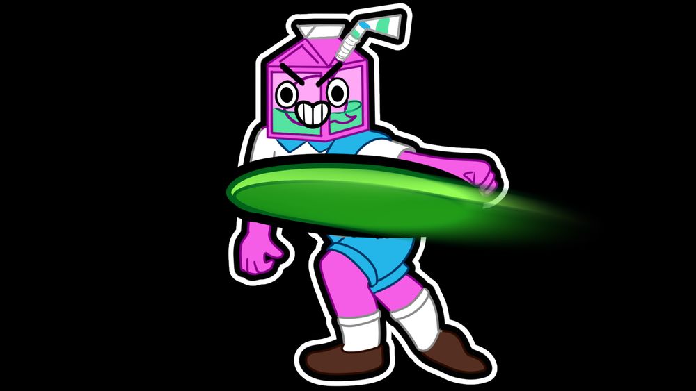 Fool_juice character wearing a blue and white scout uniform ispired by peak

The character has pink skin and a juice box head with a brain inside, a straw coming out and an evil grin looking face

Throwing a green frisbee 