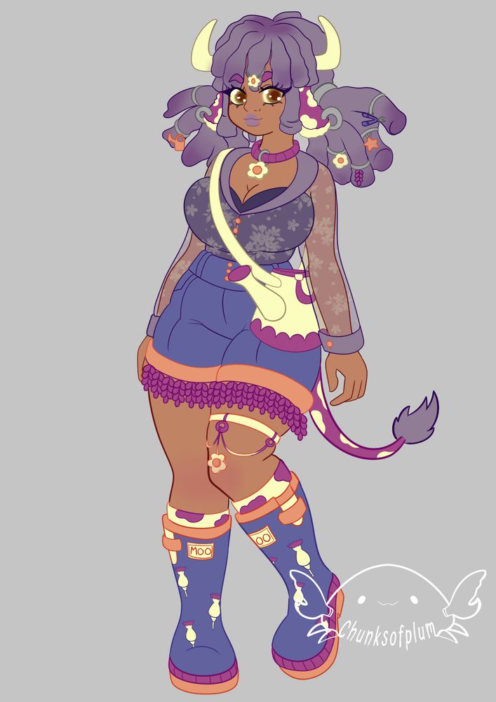 Highland Cow OC, she has lavender purple hair, brown skin, and brown eyes her hair has accessories in them related to flowers, she has a sheer pruple shirt over a dark purple tank top, she is wearing high waisted shorts with orange cuffs and purple flower frills

She has welly boots with thistle patterns on them 