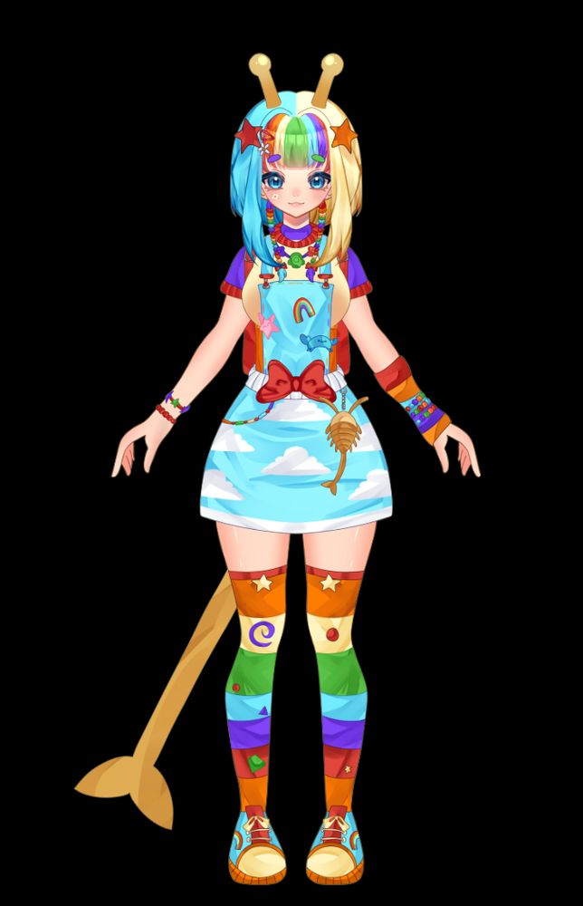 chunksofplum

She is a Rainbow themed 90s inspired character with blue and yellow split hair colour with a rainbow fringe 2-star clips and 2 antenna

She is wearing a colour block T-shirt with a blue cloud pinafore dress with a red bow belt

Rainbow thigh high socks and colourful trainers 