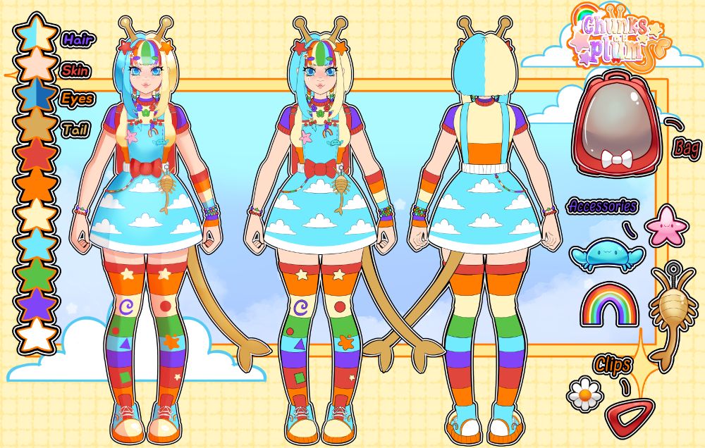 Character ref sheet for chunksofplum

She is a Rainbow themed 90s inspired character with blue and yellow split hair colour with a rainbow fringe 2-star clips and 2 antenna

She is wearing a colour block T-shirt with a blue cloud pinafore dress with a red bow belt

Rainbow thigh high socks and colourful trainers 