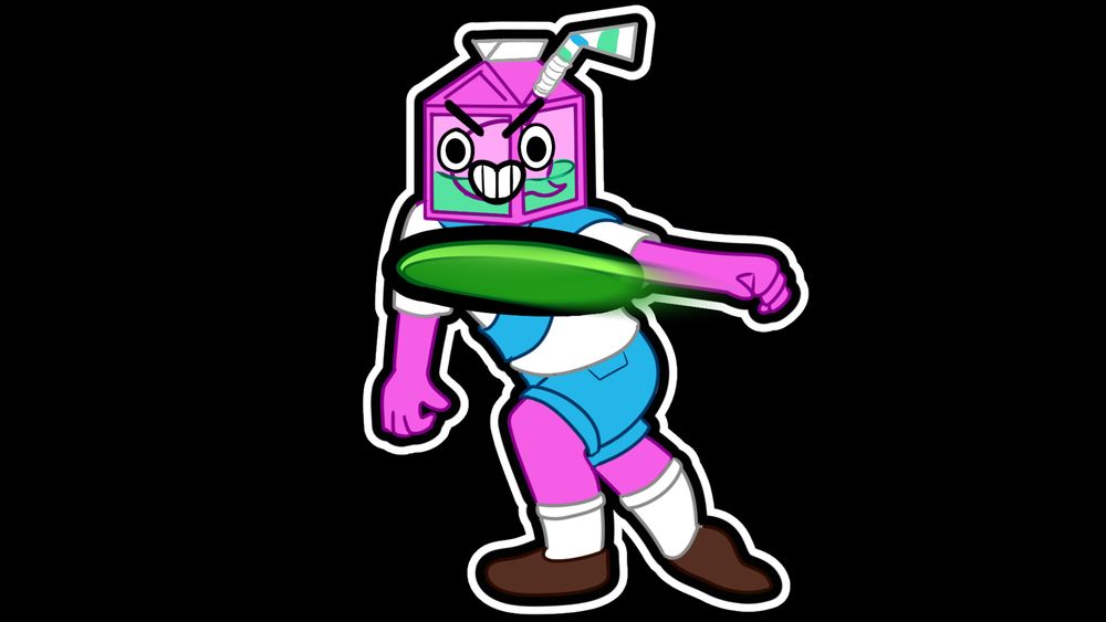 Fool_juice character wearing a blue and white scout uniform ispired by peak

The character has pink skin and a juice box head with a brain inside, a straw coming out and an evil grin looking face

Throwing a green frisbee 