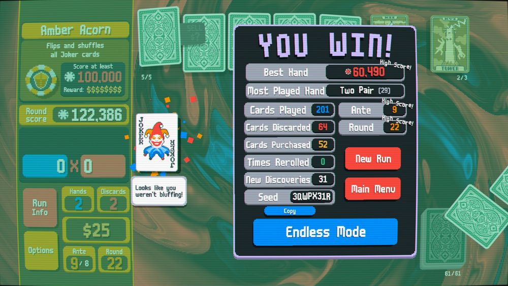 Win screen for the game Balatro.