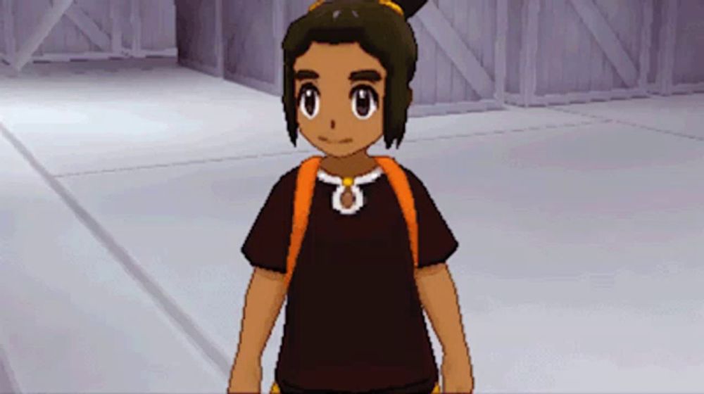 a cartoon character is wearing a brown shirt with an orange backpack