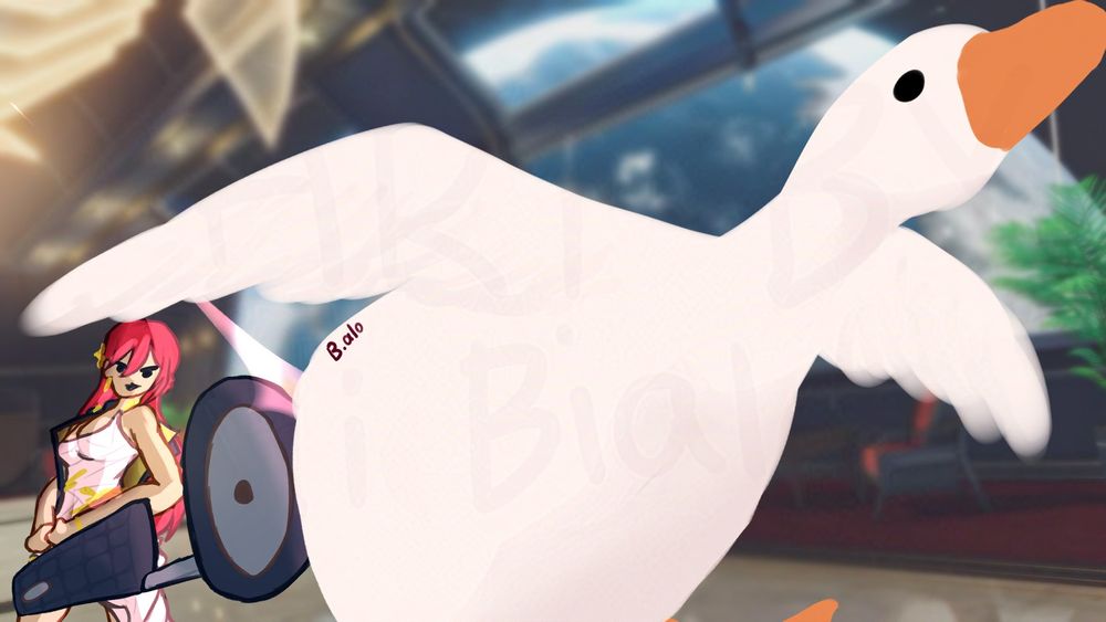 Himeko from hsr in the pose of Sushangs ultimate with the goose from entitled goose game ready to torture children in front of her