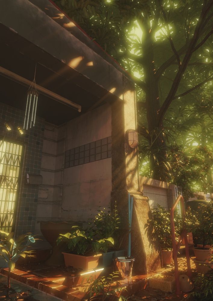 A small garden in front of the house entrance under big trees, surrounded by a glowing sunlight