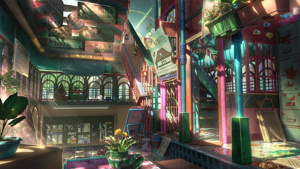 An illustration of colorful stairways inside building with ray lights from outside