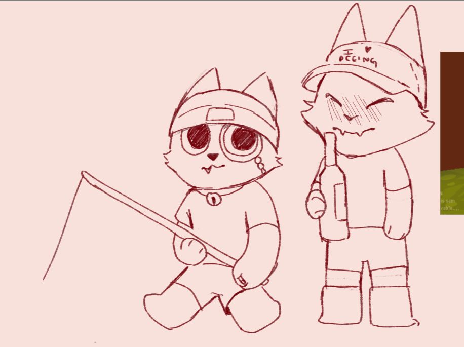 me and my boyfriend's webfishing sona. my sona on the left is fishing but still checking on boyfriend who's holding a whole wine bottle