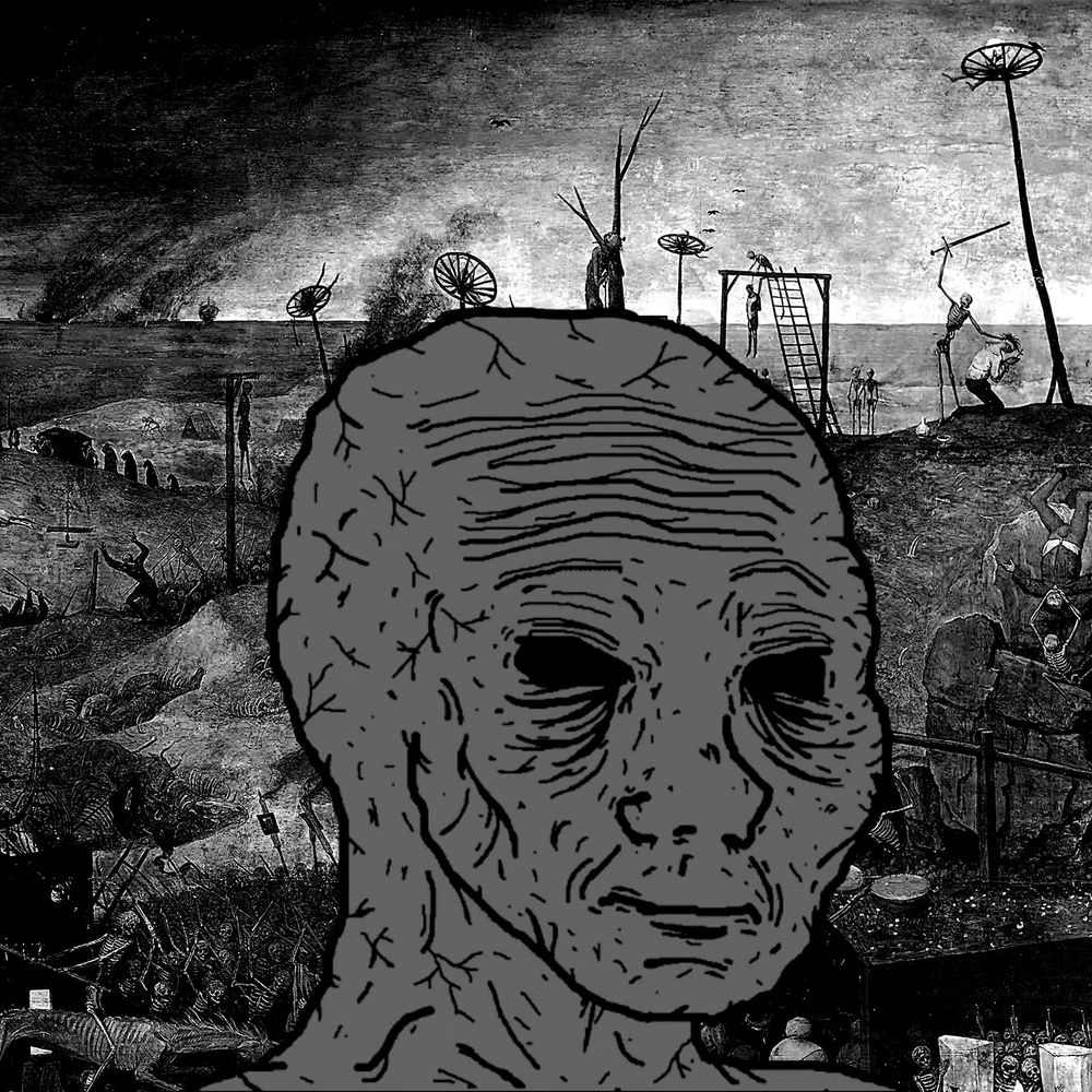 Grey, desiccated wojack shows no emotion before a horrifying black and white industrial wasteland