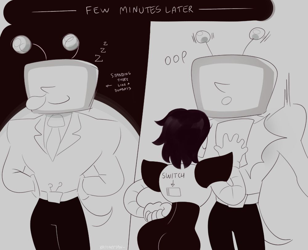 Top text says "Few minutes later". Tenna is standing in the same spot with his hands behind his back but he slept from waiting, a big bubble comming from his nose and Zzz floating his head, a floating text at his right says "Standing there like a dumbass". Mettaton slaps Tennas chest with the contract in between his hand waking up Tenna that says "Oop", you can see Mettaton's switch button from his back