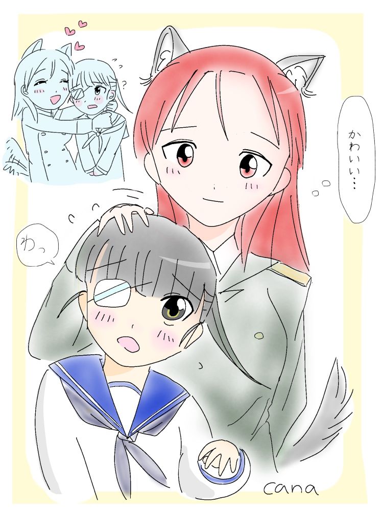 ミーナに頭を撫でられて照れる美緒(幼少期)