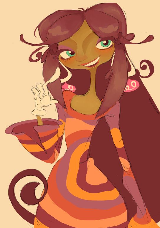 milla from psychonauts pointing a finger up and at something offscreen, smiling, talking, in a pose