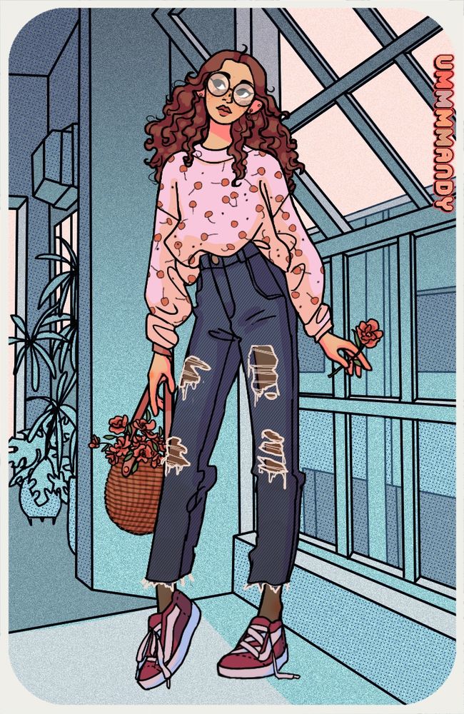 a cartoon image that looks kinda like me, only with brown hair. she's wearing a cherry sweater, ripped jeans, and pink Vans