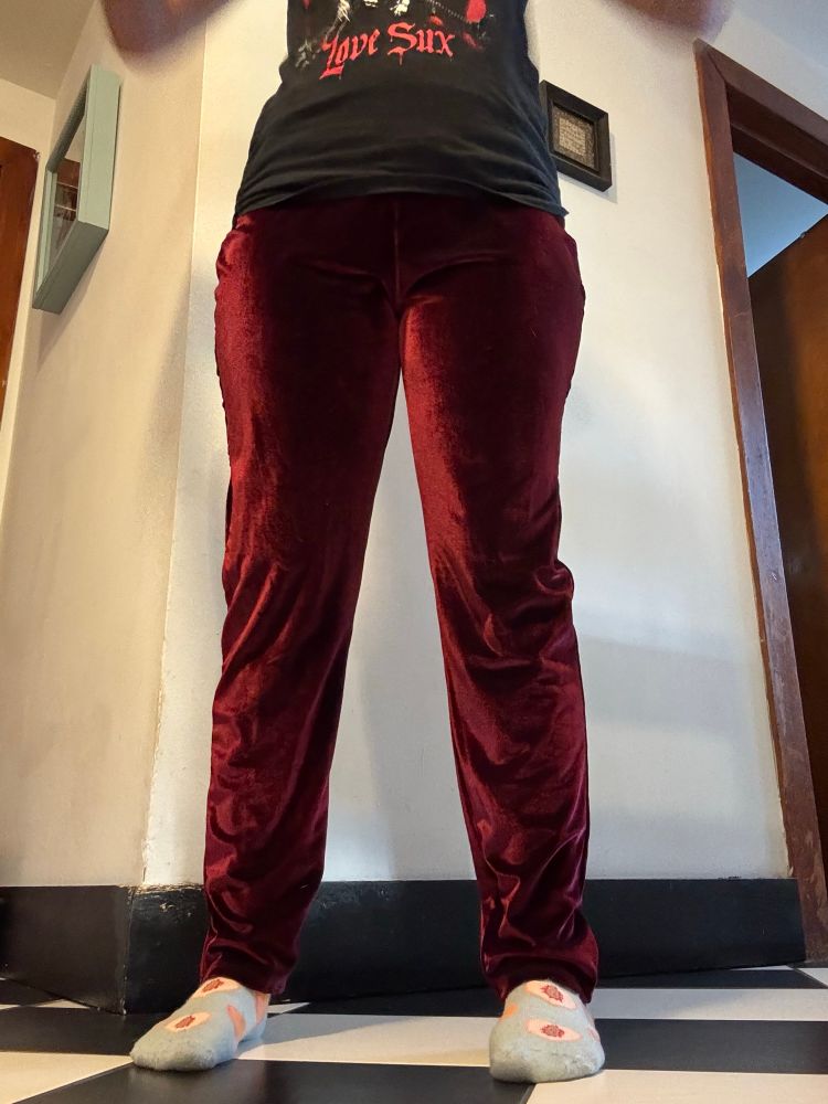a picture of my red velvet pants that i tailored MYSELF