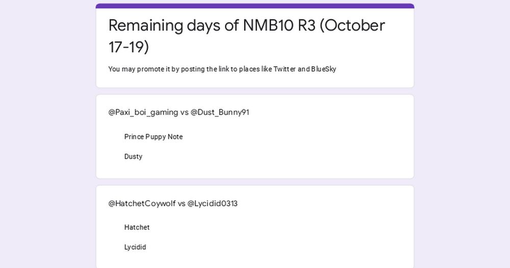 Remaining days of NMB10 R3 (October 17-19)