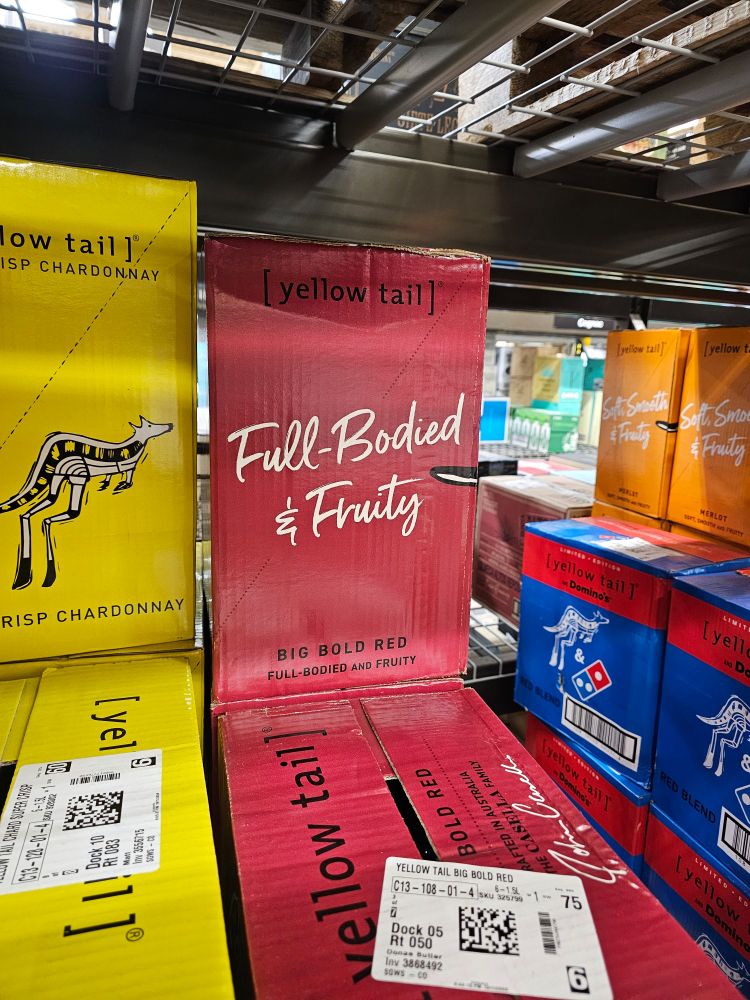 A box of wine with the label "full-bodied and fruity"