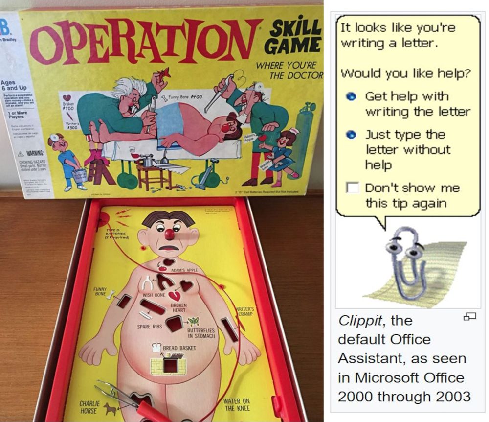 Operation board game by Milton Bradley pictured alongside Wikipedia image of Microsoft Clippit 