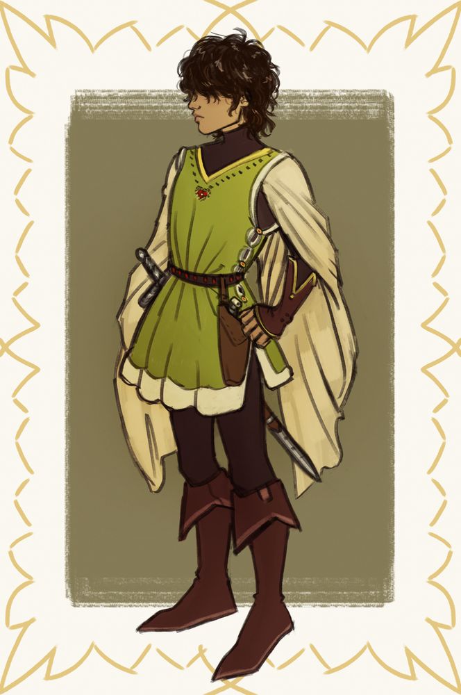 kris dreemurr wearing a chartreuse 14th-century fur-lined tunic with almond trailing sleeves + red and gold detailing and a heart emblem, maroon leather foldover boots + fingerless gauntlets, belt with red detail, knife in holster wth bone handle, and a brown leather sword holster that i made too short on accident
