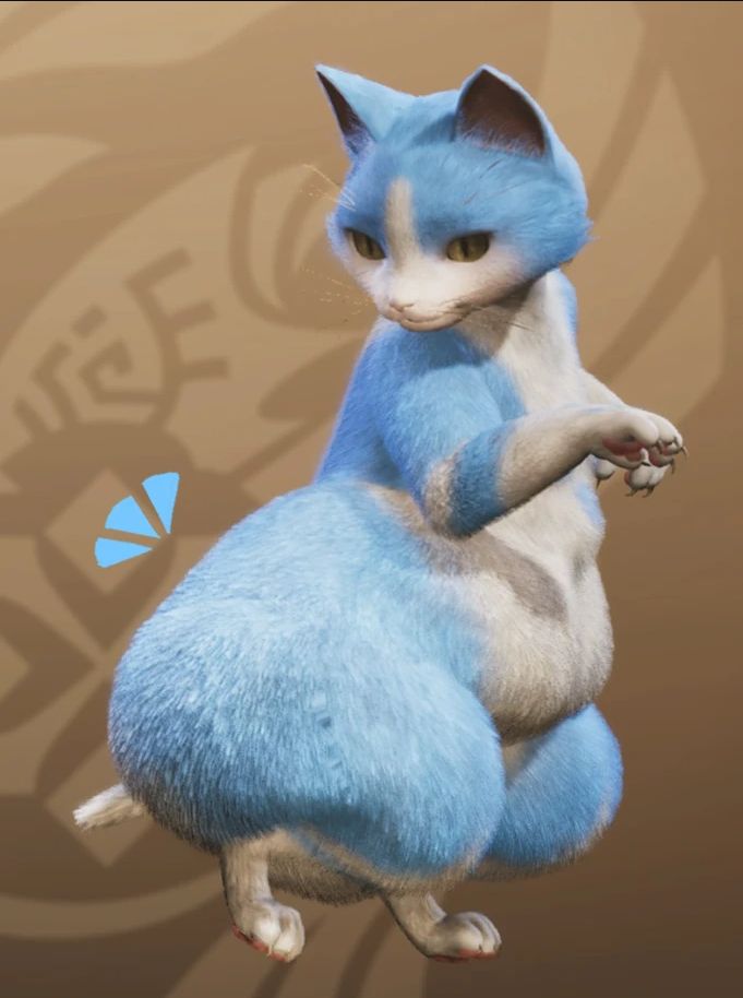 A Palico from Monster Hunter Wilds looking at their extremely large butt. They also have a plump belly.