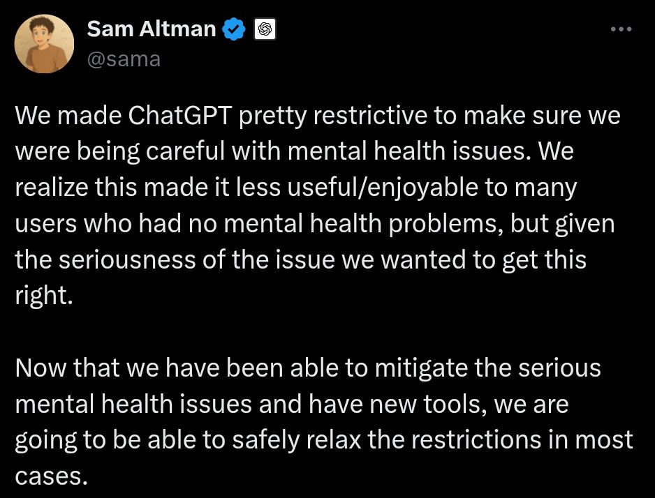 Sam Altman announcing that they've moved to make ChatGPT more human like. 