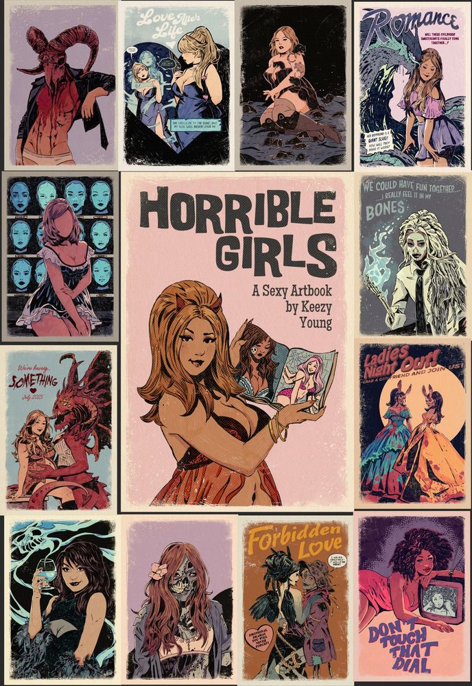the cover of horrible girls surrounded by a sample of the artwork inside the book