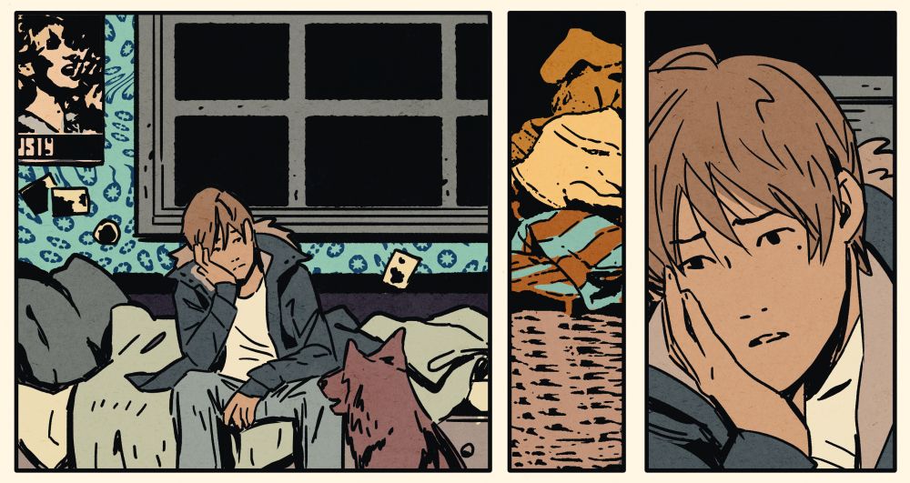alex from hello sunshine in a panel sitting on his bed looking forlorn with cass the dog nearby. middle panel is laundry. third panel is alex closeup sighing