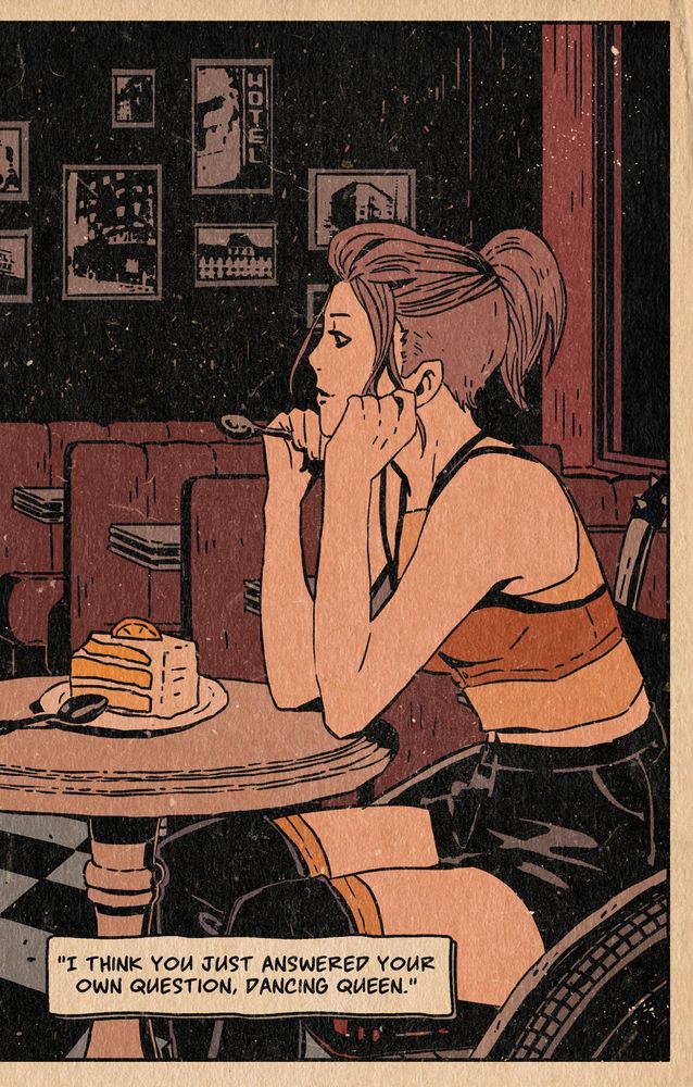 a girl with pink hair and a wheelchair sits at a small table with a slice of lemon pie on it. text says "i think you just answered your own question, dancing queen"