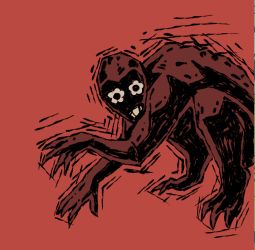 a scary red guy with daisies for eyes