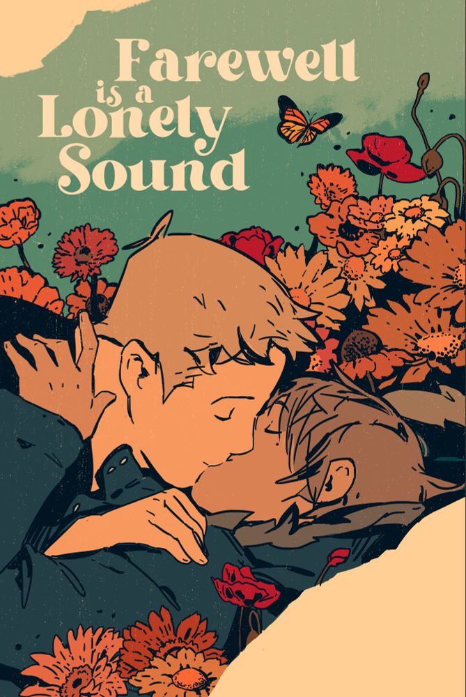 alex and noah kissing in the flowers, text says 'farewell is a lonely sound'