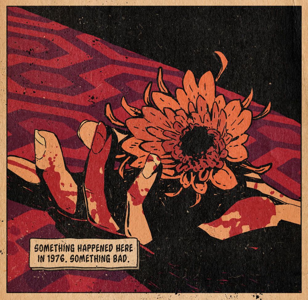 a hand holding a chyrsanthemum. it has blood on it and is looking dead. the carpet is 1970s. the text says something happened here in 1976. something bad.