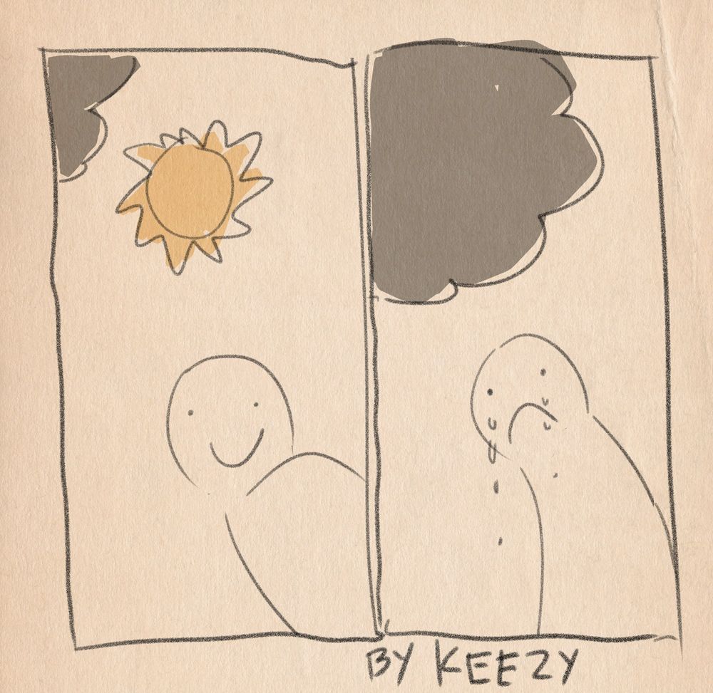 a bad comic where in one panel it's sunny and a figure is smiling and in panel 2 the cloud has covered the sun and the figure is crying now