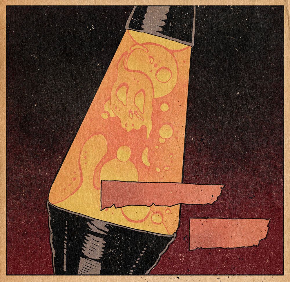 a lava lamp with a skull shape floating in it