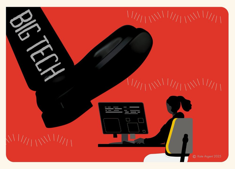 Digital illustration by Kate Argent of a massive foot representing“Big Tech” about to crush a woman using a computer. 