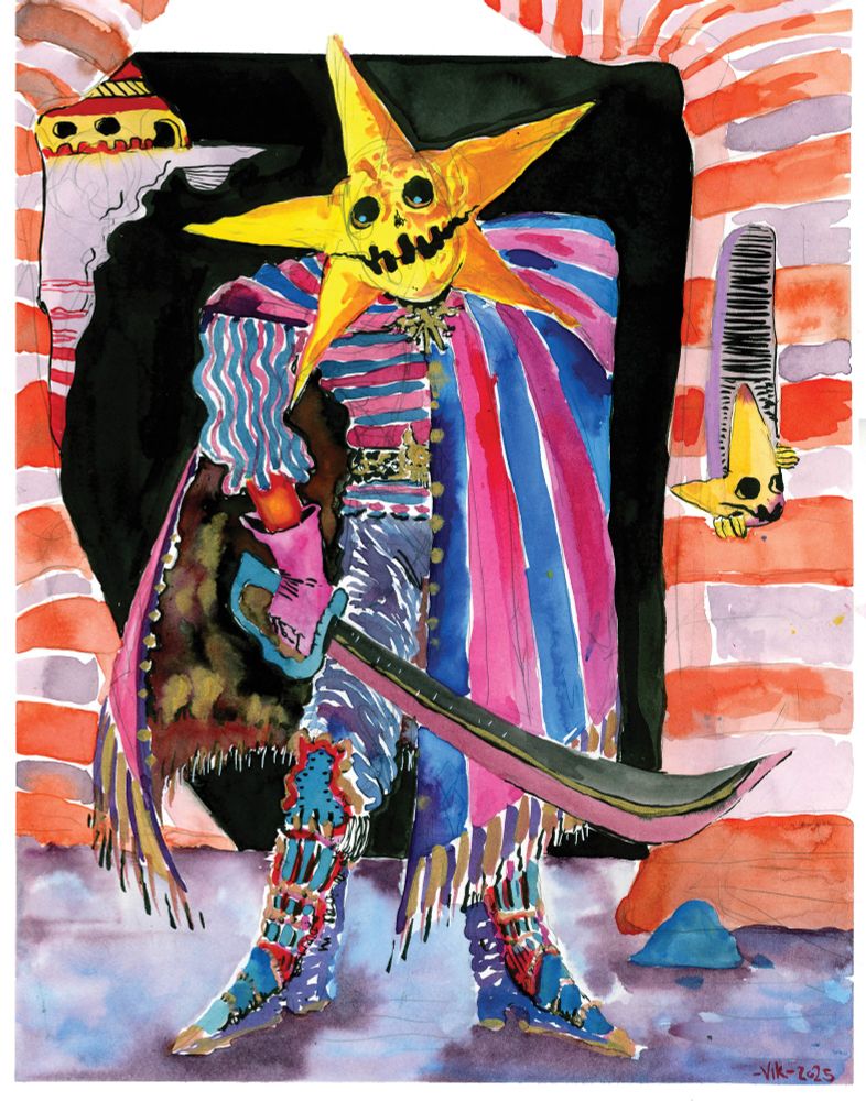 An underdweller stands guard with a scimitar in hand. A younger one watches from a window.