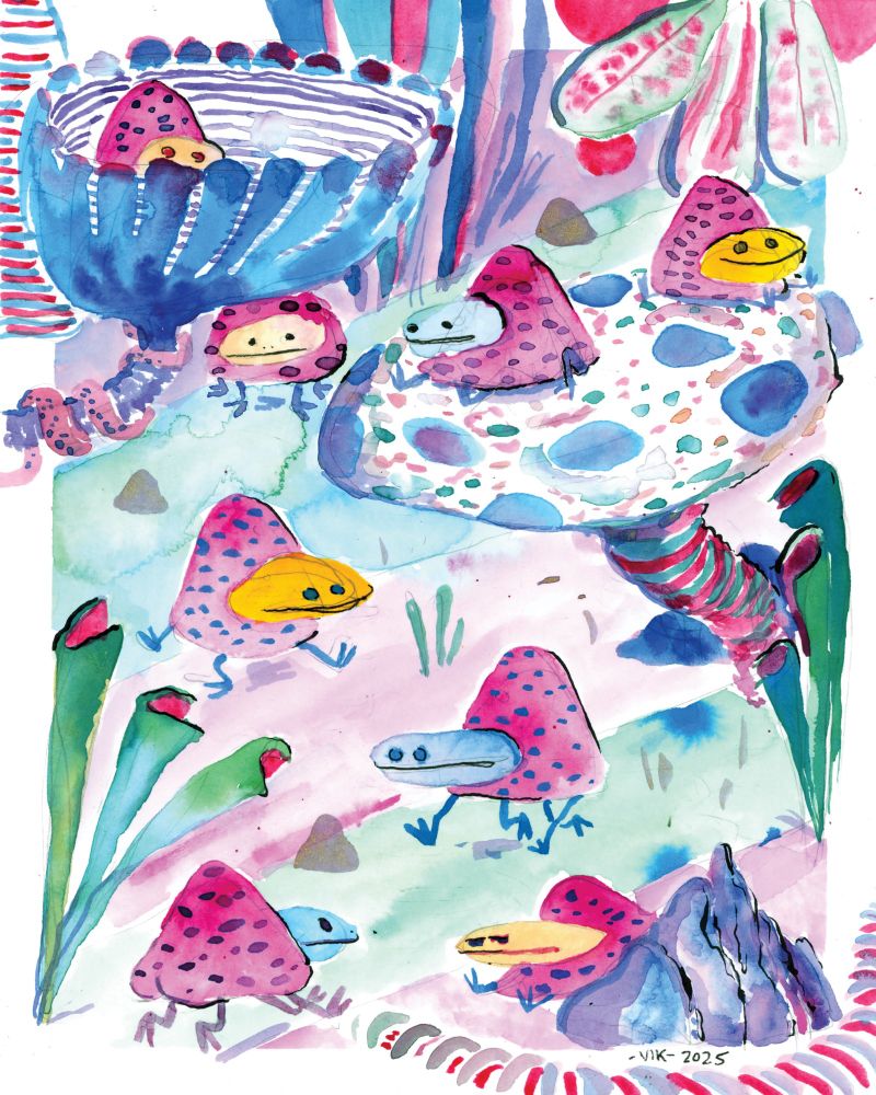 Bunch of little bugs that kinda look like upside down strawberries are walkin' around having a good time.
