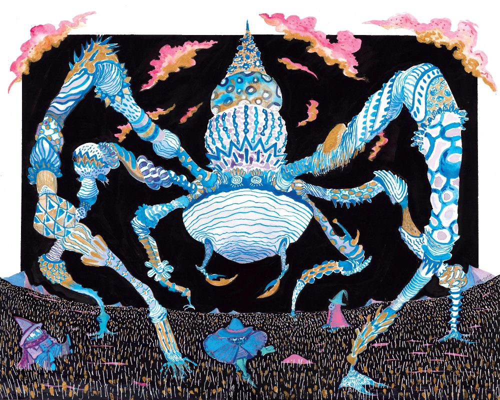 A large, arachnid-like plant walks towards the viewer. Three explorers look upwards as it lumbers over them.