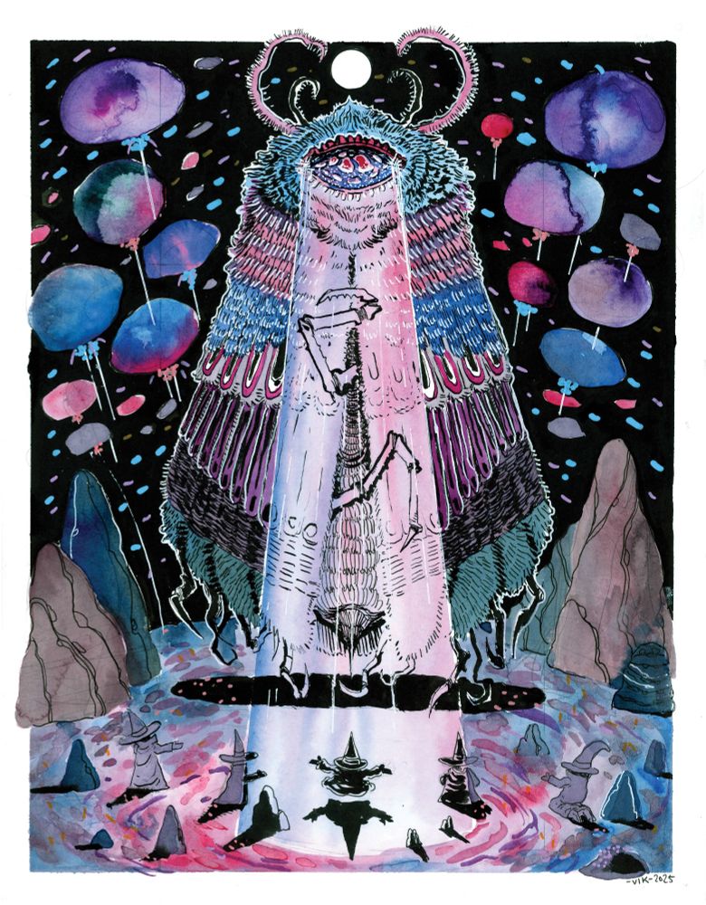 A group of wizards gather in a glade at night to worship a large, moth-like monster. It emits a beam of light from its eye that begins to lift one of the worshippers.