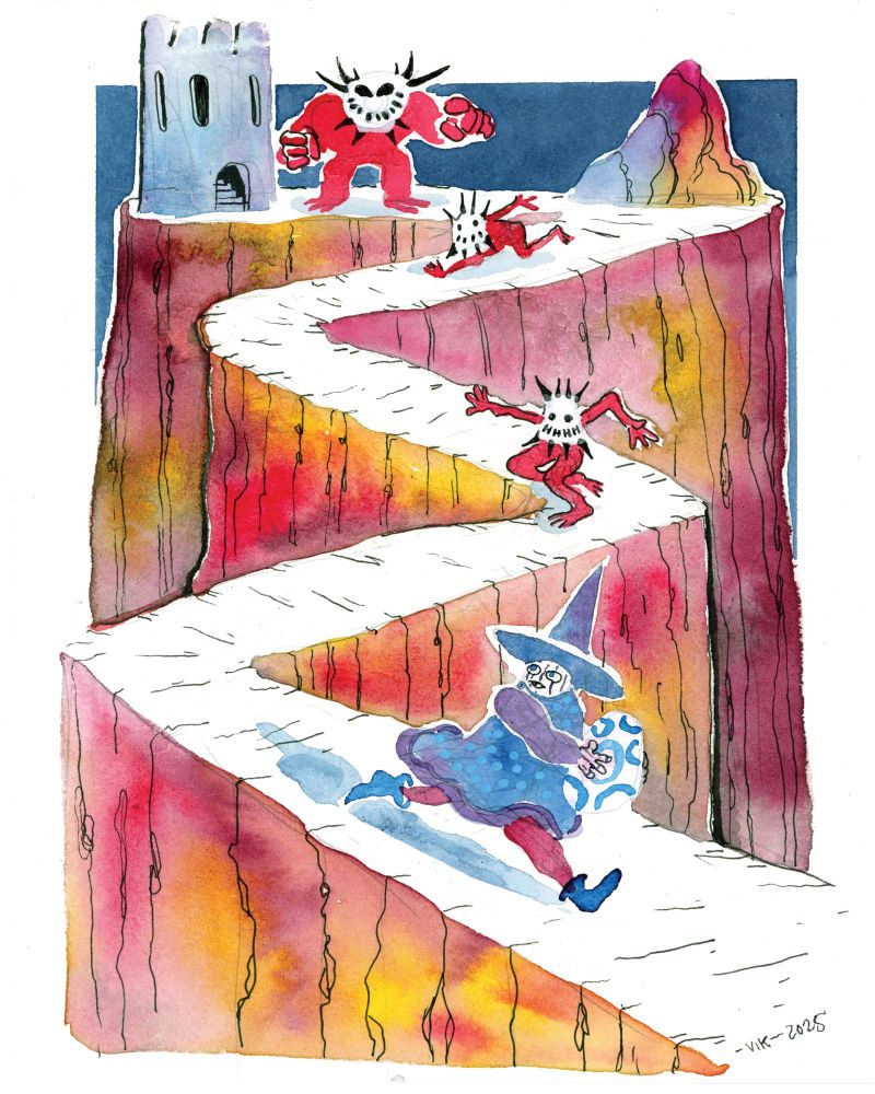 A wizard runs down a cliffside path with an egg. Some red devilish creatures chase after them.