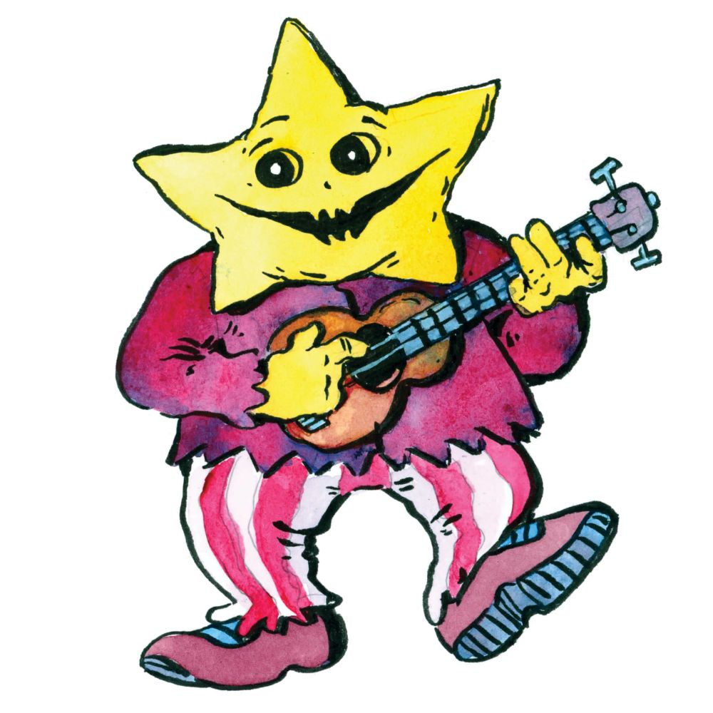 Star headed guy steps towards you with a guitar in hand. He wants to play you a song.