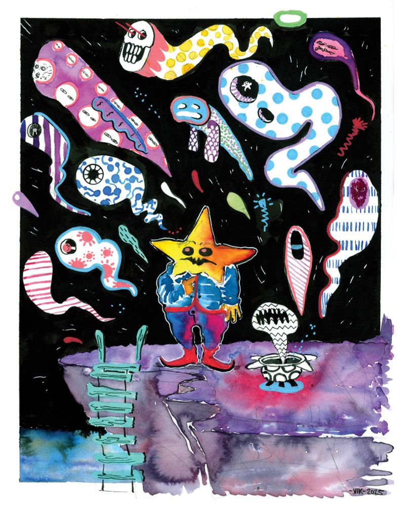 A young underdweller looks up. A bunch of spirits fly from a pot they just tampered with. They look worried.