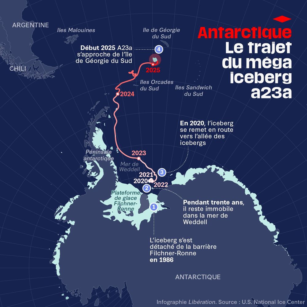 Carte du trajet de l'iceberg A23a, depuis l'Antarctique jusqu'aux îles de Géorgie du Sud 
