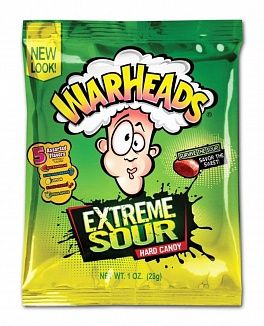Experience the ultimate sour sensation with Warheads Extreme Sour Hard Candy! This tantalizing treat delivers an explosion of pucker-worthy flavors that will challenge your taste buds and leave you craving more. Each bag is a delightful mix of Watermelon, Lemon, Apple, Blue Raspberry, and Black Cherry. Each 28g bag contains approximately 7 individually wrapped pieces, perfect for sharing (or not!). These assorted sour fruit flavored hard candies are a fun and exciting way to satisfy your sweet and sour cravings.  The intense sourness is balanced by a sweet candy base, creating a flavor profile that's both exciting and satisfying. Ingredients: Corn Syrup, Sugar, Microencapsulated Malic Acid (Acidity Regulator (Malic Acid), Hydrogenated Palm Oil), Acidity Regulator (Citric Acid), Stabiliser (E414), Soybean Oil, Ascorbic Acid (Vitamin C), Artificial Flavour, Glazing Agent (E903), Corn Starch, Colours (E133, E129, E102). Allergy Advice: For allergens, see ingredients above in bold.  May contain milk and peanuts. E102 and E129 may have an adverse effect on activity and attention in children. Imported from the USA.  Prepare for an extreme sour experience that's both thrilling and unforgettable! These candies are a must-have for sour candy enthusiasts and anyone looking for a unique and intense flavor adventure.  Grab a bag today and unleash the sour power!