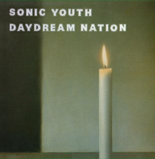 An image of a candle on a greenish shadowed background / words say “Sonic Youth” “Daydream Nation”