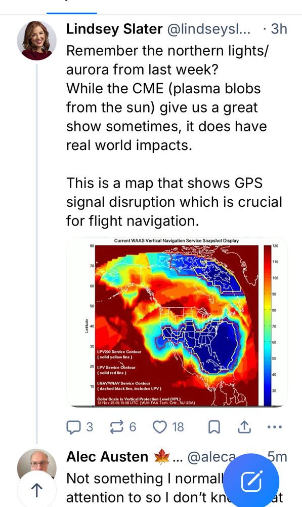 Screenshot of post by US Meteorologist about flight navigation hazard from CME. 