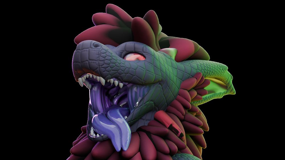 A render of Dev as swaggon, maw open and tongue out, looking right at the viewer