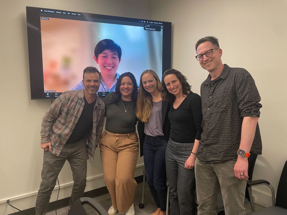 Dr. Alexis Smith-Flores with her dissertation committee members: Dave Barner, Desmond Ong, Lindsey Powell, Adena Schachner, and Chris Oveis